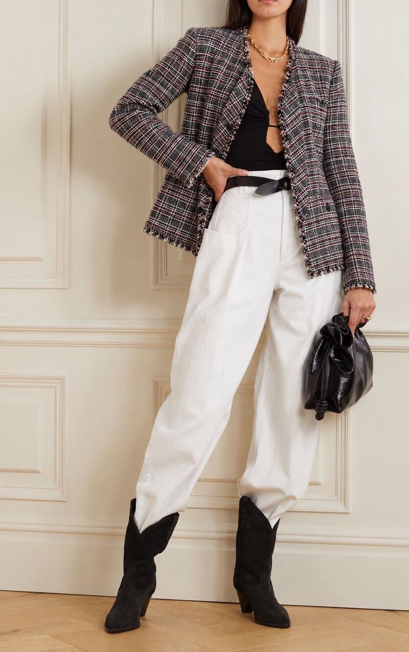 Isabel Marant Étoile red, black, and white textured tweed check open jacket Sz 4